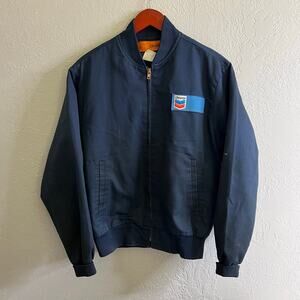 Vintage 1980s Cintas Chevron Work Jacket Quilted Lined Blue Bomber USA Medium